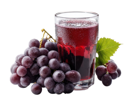 Refreshing grape juice with fresh grapes beside chilled glass