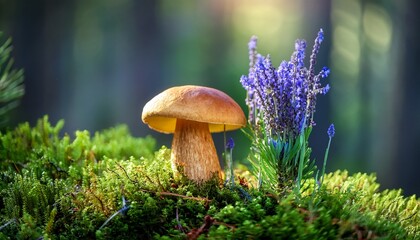 Fototapeta premium vibrant mushroom and lavender in a mossy forest generative ai