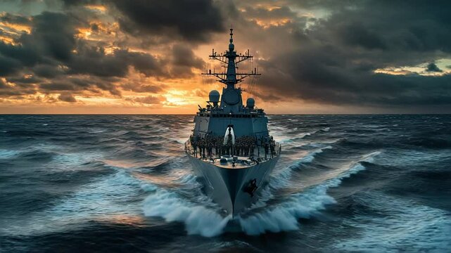 Modern Warship Cuts Through Ocean Waves at Sunrise, a Display of Naval Power