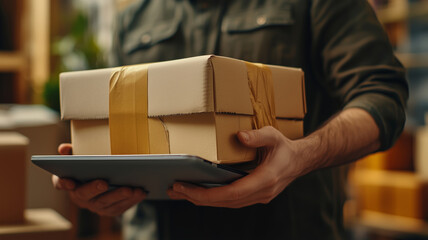 People collaborating on a package using a laptop and tablet