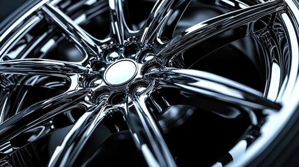 Chrome alloy wheel close-up, studio shot, automotive part, dark background, car accessory