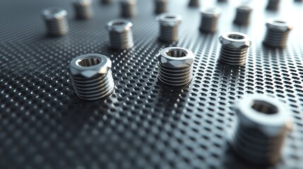 Precision metal screws on perforated surface, industrial background, parts inventory, engineering