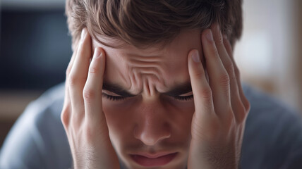 Fototapeta premium Struggling with computer eye strain, a man battles a throbbing headache at home