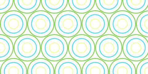 Fototapeta premium seamless retro geometric pattern featuring concentric dotted circles in bright blue,lime yellow,and fresh green on a clean white background.The design creates a vibrant, playful and modern tile effect