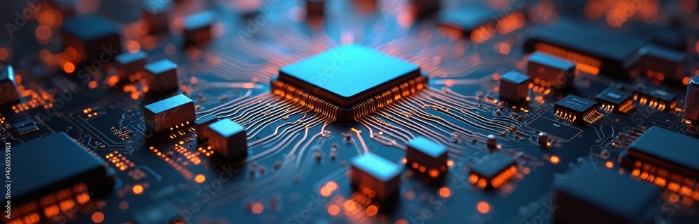 Aufkleber Close-up circuit board with chips processor. Electronic tech component. Motherboard microchip, digital data transfer. Hardware concept, information technology, data processing.