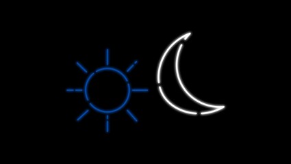 Blue and White Neon Sun and Moon Icon isolated on black background