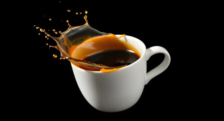 Flying Coffee Splash from Ceramic Mug on Black Background – Isolated Dynamic Freeze Frame of Hot Beverage for Branding or Advertising Use