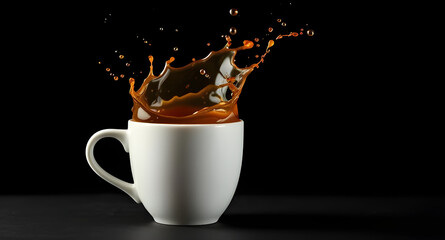 Flying Coffee Splash from Ceramic Mug on Black Background – Isolated Dynamic Freeze Frame of Hot Beverage for Branding or Advertising Use