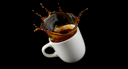 Flying Coffee Splash from Ceramic Mug on Black Background – Isolated Dynamic Freeze Frame of Hot Beverage for Branding or Advertising Use