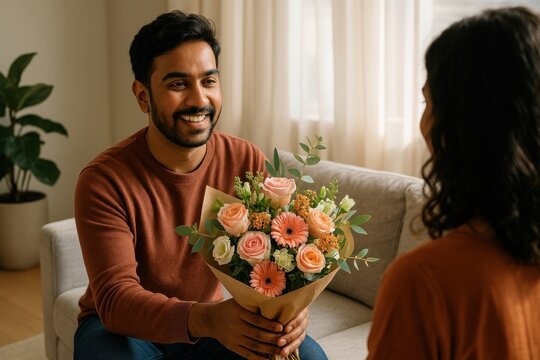 Man gifting bouquet indoors.
