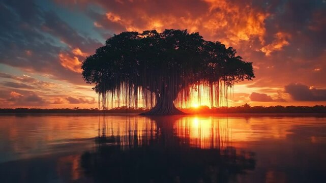 Banyan tree silhouette reflecting in the water at stunning sunset with fiery clouds