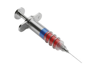 Medical syringe, hypodermic needle, transparent cylinder, colorful liquid, red and blue gradient,...