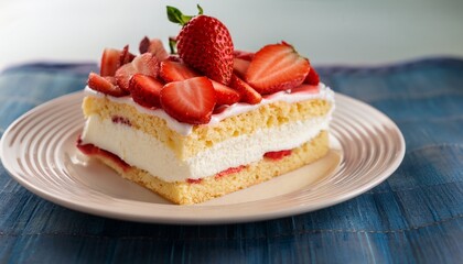 slice of strawberry shortcake with fresh cream fluffy sponge layers and whole strawberry topping