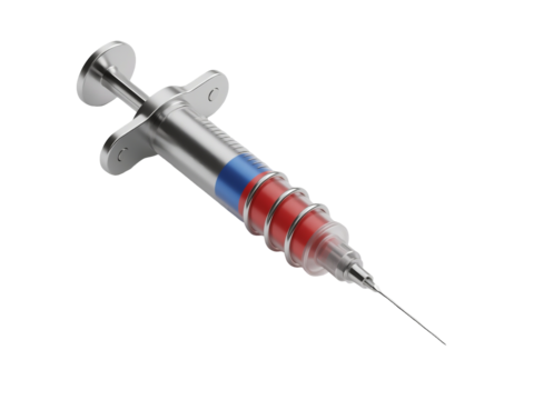 Medical syringe, hypodermic needle, transparent cylinder, colorful liquid, red and blue gradient, metallic plunger,  PNG file isolated on transparent background, cut out, clipping path
