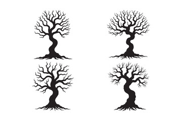 Silhouette of Four Spooky Bare Trees Vector Halloween Tree Clipart