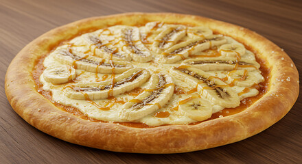 Sweet dessert pizza topped with fresh banana slices and a drizzle of caramel sauce, on a wooden table. Ready to be enjoyed!