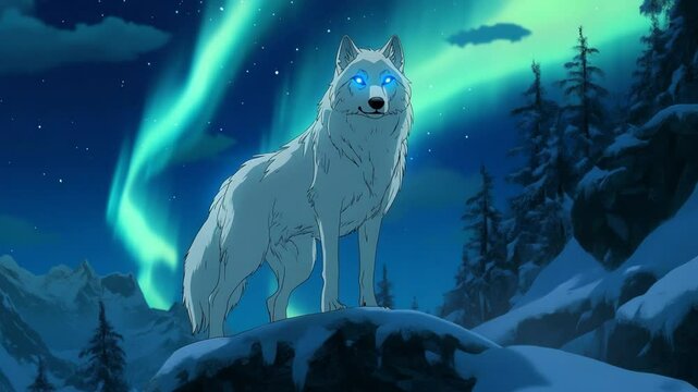 Majestic White Wolf Under the Northern Lights Animation, Captivating Arctic Scene