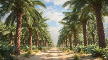 Obraz premium Palm tree avenue, desert landscape. Lush green palm trees line a sandy path, creating a serene oasis