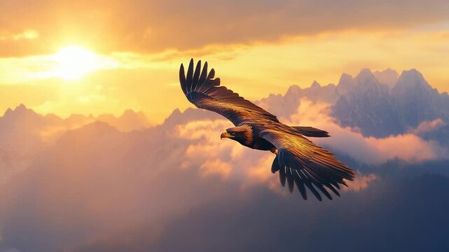 Majestic golden eagle soars freely in the sky during a vibrant orange sunset.