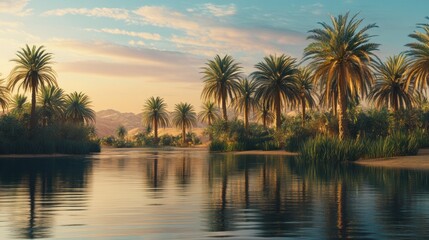 Obraz premium Serene oasis at golden hour. Lush palm trees line a tranquil river reflecting the vibrant sky