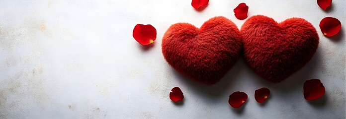 Image of two fur red hearts lying on and some red rose petals on empty light white gray background