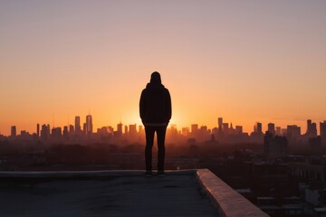 Plakat Silhouetted man admiring the breathtaking sunrise over the iconic city skyline from a rooftop perch, embracing urban beauty