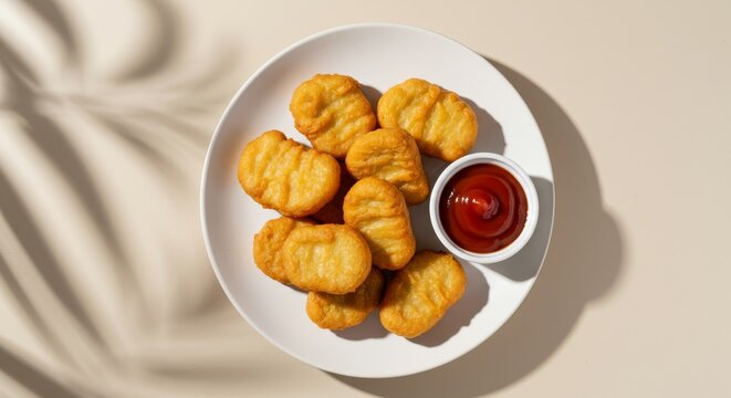 Chicken nuggets on a clean white ceramic plate with a small cup of ketchup. Minimalist style, top view with neutral background and strong shadows. Ideal for food blog thumbnails or product mockups.