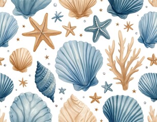 Watercolor marine themed seamless pattern. Illustration features seashells starfish coral. Soft blue beige tones perfect coastal decor. Repeatable design background for fabric print.
