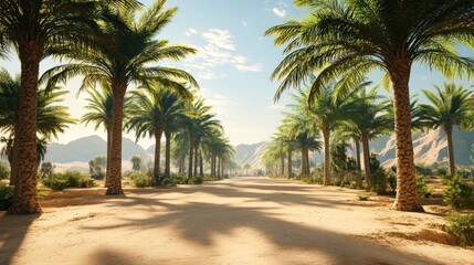 Desert oasis pathway, palm trees