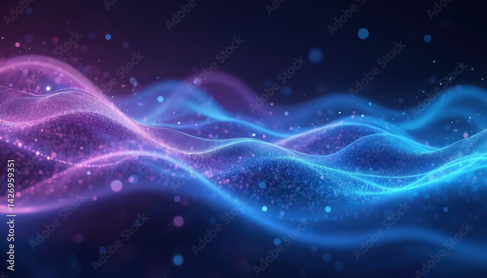 Poster abstract digital waves in vibrant blue, purple colours. glowing particles create futuristic motion b