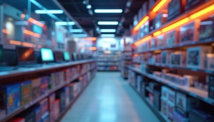 Blurred interior electronics store with shelves of gadgets. Video games section. Modern shop interior with computers and accessories. Retail industry tech products.