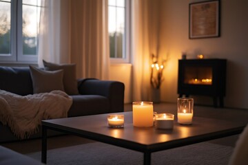 Burning candles casting warm light on table in cozy modern living room with electric fireplace in background