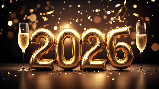 Festive celebration with golden 2026 balloons and champagne
