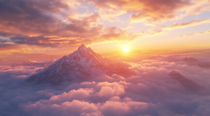 Snow Capped Mountain Peak Emerging Through Fluffy Clouds at Golden Sunset, Vibrant Sky