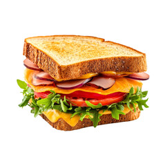 Stacked Deli Sandwich with Ham, Cheese, Tomato, and Greens Against Transparent Background