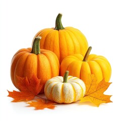 Stack of colorful autumn pumpkins with white background and fall leaves scattered around · Suitable for seasonal marketing, autumn promotions, harvest festival campaigns, and Thanksgiving visuals