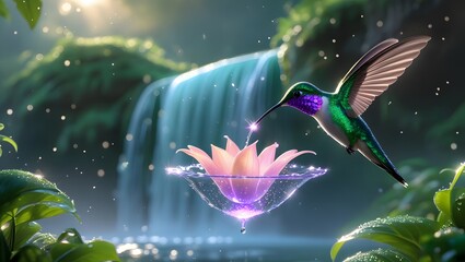 Hummingbird Drinking Nectar from Glowing Flower Against Waterfall