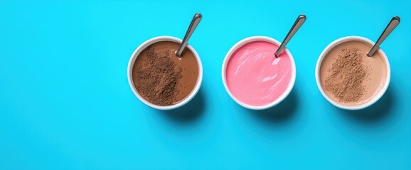 Colorful dessert bowls spoon minimalist healthy food top view