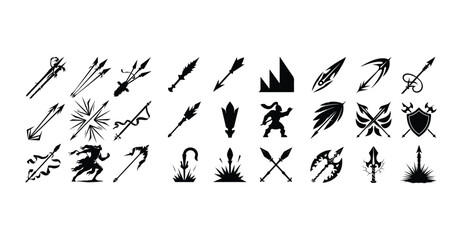 Spear Silhouette Vector Set | Ancient Weapon Outline Icons   Spearhead Outline Clipart | Tribal Weapon Silhouette Pack