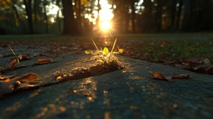 Sunlight on a sprout breaking through pavement