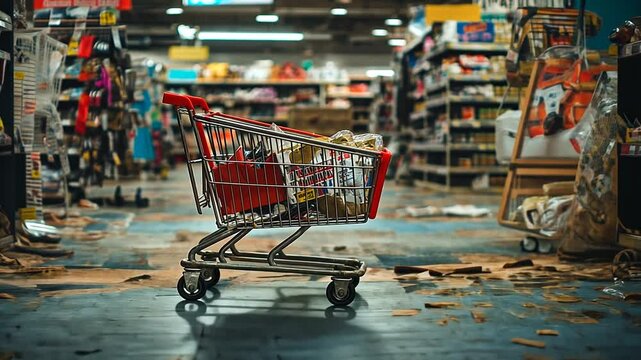 Abandoned grocery store with a cart in disarray