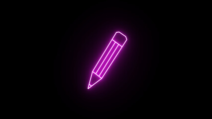 Abstract Pencil icon glowing neon pink color animation black background.4k