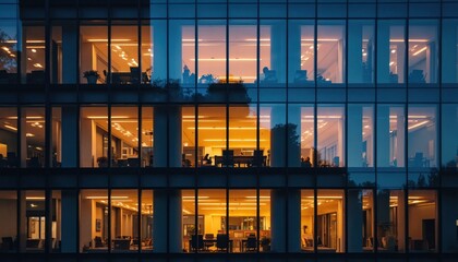 Modern office building exterior night. Illuminated windows reveal work inside. Corporate business center architecture with blue glass facade, orange interior light, creating contrast. Urban scene of