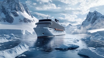 Luxury cruise ship navigating icy waters amidst majestic mountains