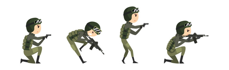 Military Man Soldier Character with Weapon on Battle Field Vector Set