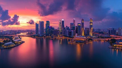 Fototapeta premium Vibrant sunset over Singapore skyline, city reflection on water, panoramic view