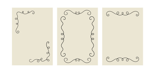 Set of hand drawn whimsical and quirky frames. Vector line illustration of vintage coquette curly borders. Cliparts for romantic and valentines designs