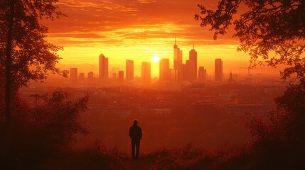 Fototapeta premium Man silhouetted at sunrise over city skyline. Use travel, nature, cityscape