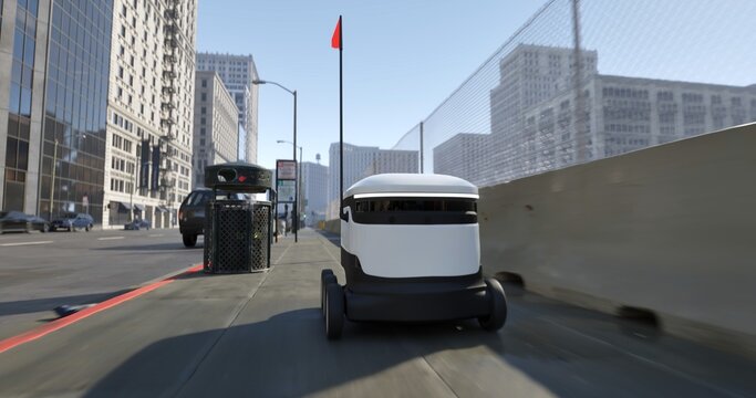Autonomous delivery robot moves swiftly through a busy city sidewalk, navigating urban infrastructure with smart technology in a modern logistics environment