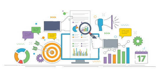 Business data analysis, marketing strategy, and communication flow with charts and reports.
